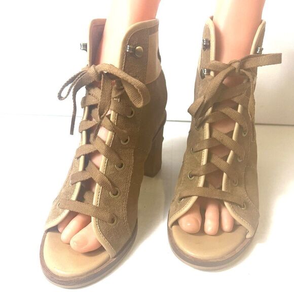 Ugg Womens 7 Brown Suede Peep Toe Ankle Bootie Sling Back Comfort Heels Tie Shoe - Picture 3 of 10